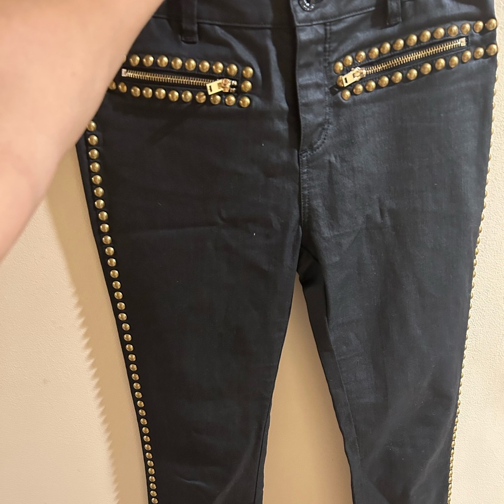 Size 10 Black Witchery stretchy leather look jeans with Gold Studs.